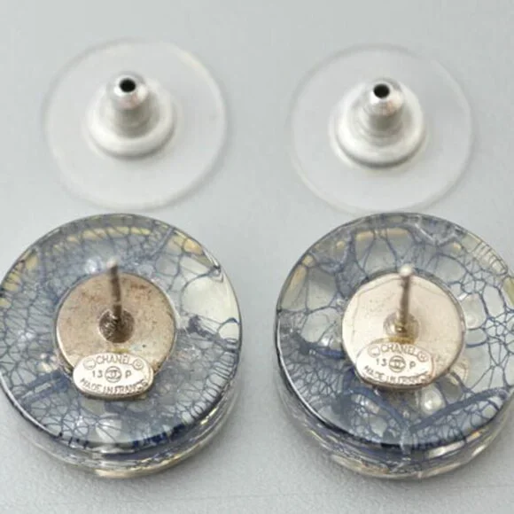 CHANEL Authentic Blue Pearl Logo Earrings